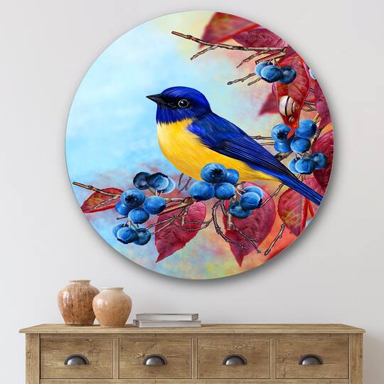 Designart - Bright Bird Bullfinch Sitting On A Branch I - Traditional Metal Circle Wall Art